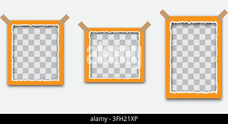 A set of three orange rectangular photo frames with distressed, torn paper edges, held up by pieces of adhesive tape, isolated on a white background. Stock Vector