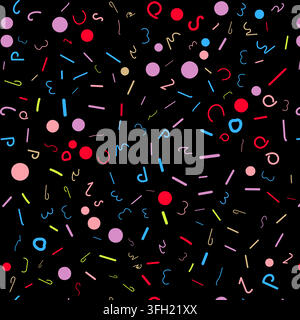 A vibrant abstract pattern featuring a variety of colorful hand-drawn shapes, squiggles, lines, and circles scattered across a solid black background. Stock Vector