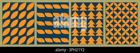 A collection of four distinct seamless vector patterns featuring repeating orange geometric motifs, including leaves, triangles, and floral circles on Stock Vector