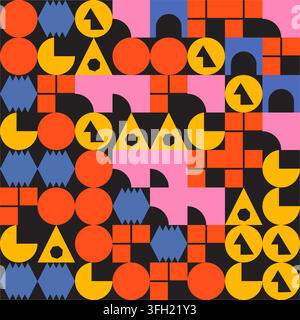 A vibrant, modern geometric pattern featuring circles, triangles, squares, and stylized icons in a bold color palette of orange, yellow, pink, and blu Stock Vector