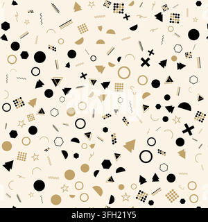 A seamless pattern featuring various geometric shapes, including circles, triangles, stars, and lines, in a minimalist Memphis-inspired design. Stock Vector