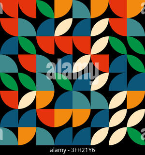 A vibrant seamless pattern featuring a retro-inspired geometric design with colorful semicircles and stylized leaf shapes arranged in a rhythmic, abst Stock Vector