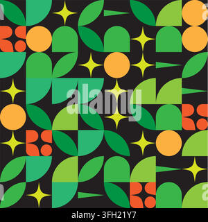 A vibrant mid-century modern seamless pattern featuring stylized oranges, green leaves, and yellow stars on a black background. Stock Vector