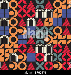 A vibrant seamless pattern featuring geometric shapes like circles, triangles, arches, and grids in a retro mid-century modern color palette on black. Stock Vector