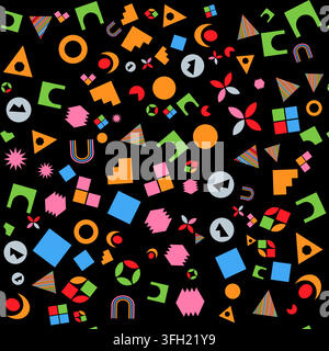 A vibrant seamless pattern featuring a variety of colorful geometric shapes, including triangles, circles, squares, and abstract forms, scattered on a Stock Vector