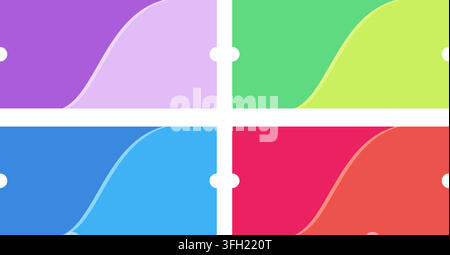 A collection of four vibrant rectangular ticket stubs featuring a smooth curved dividing line and circular cutouts on a white background. Stock Vector