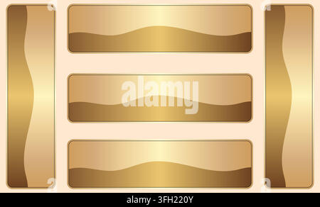 A collection of elegant golden rectangular buttons and vertical banners featuring a smooth wavy gradient design, perfect for web interface or luxury g Stock Vector