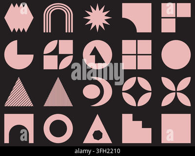 A collection of various abstract geometric shapes, including triangles, circles, squares, and stars, designed in a modern, minimalist style with paste Stock Vector