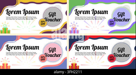 A collection of four vibrant gift voucher designs featuring abstract wavy borders, gift box illustrations, and a prominent 50 percent off badge. Stock Vector
