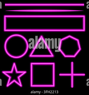 A collection of vibrant neon pink glowing shapes, including a circle, triangle, heptagon, star, square, cross, and various line elements on black. Stock Vector