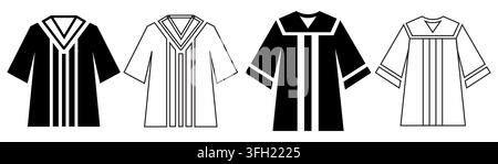 A collection of four graduation gown icons, featuring two distinct designs in both solid black and outlined white styles, isolated on white background Stock Vector