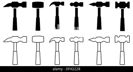 A collection of six different types of hammers, including claw, mallet, and ball-peen, presented in both solid black silhouettes and outline vector st Stock Vector