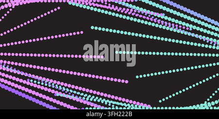 Abstract digital background featuring dynamic flowing lines of colorful dots in shades of pink, blue, and purple against a dark background. Stock Vector