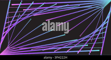 A digital art composition featuring a series of vibrant purple and blue dots forming intersecting diagonal lines, creating a dynamic sense of depth an Stock Vector