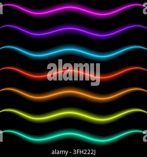 A collection of seven horizontal neon wave lines in different colors, featuring a glowing effect against a solid black background. Stock Vector