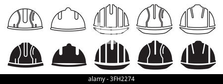 A collection of ten construction safety hard hat icons, featuring both outline and solid black designs, representing industrial protective headgear. Stock Vector