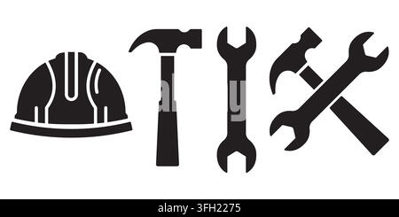A collection of black silhouette icons representing construction and repair tools, including a hard hat, hammer, and wrench, isolated on white backgro Stock Vector