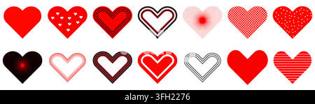 A collection of diverse heart icons featuring various textures, patterns, and outlines, isolated on white background. Stock Vector