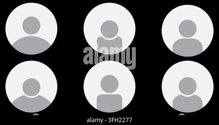 A collection of six simple, uniform user profile icons arranged in a grid, representing generic people or account placeholders on a black background. Stock Vector