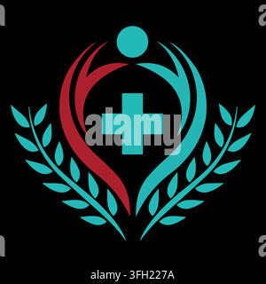 A professional medical logo design featuring a central cross, stylized human figures, and decorative laurel leaves in teal and red on a black backgrou Stock Vector