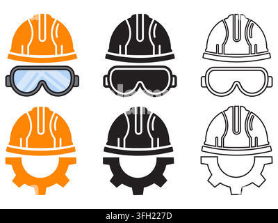 A collection of construction and industrial safety icons featuring hard hats, safety goggles, and gears in colored, solid black, and outline styles. Stock Vector