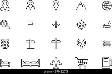 A collection of twenty linear icons representing travel, navigation, transportation, and location services, designed in a clean, minimalist style. Stock Vector