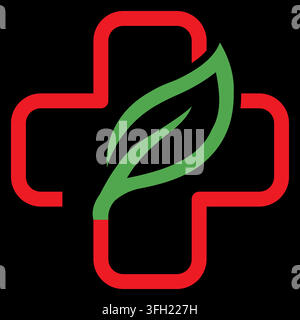 A minimalist medical cross icon integrated with a green leaf, symbolizing natural wellness, organic healing, and holistic healthcare services. Stock Vector