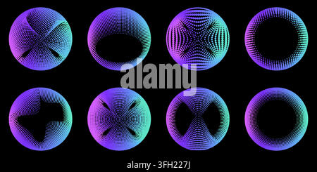 A collection of eight circular abstract shapes created with dot patterns and vibrant purple to cyan gradients, isolated on a black background. Stock Vector