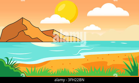 A vibrant vector illustration of a scenic coastal landscape with golden sand, turquoise water, rocky mountains, and a bright sun in a clear sky. Stock Vector