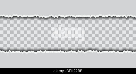 A horizontal strip of gray paper torn in the middle, revealing a transparent checkered background with realistic soft drop shadows. Stock Vector