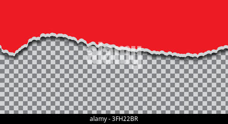 A horizontal strip of red paper with a ragged, torn edge revealing a transparent checkerboard pattern underneath, suitable for graphic design overlays Stock Vector