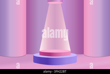 A minimalist 3D product display stand featuring a pink platform on a purple base, illuminated by a bright spotlight in a soft purple studio setting. Stock Vector