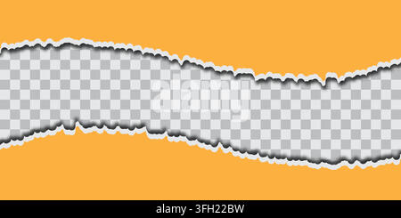 A horizontal banner featuring yellow paper with a torn center, revealing a transparent checkered pattern, creating a realistic ripped effect. Stock Vector