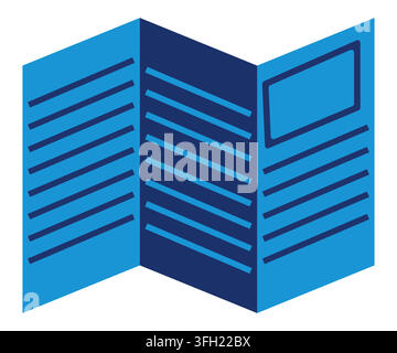 A simple vector icon of a tri-fold brochure or pamphlet, featuring a blue color scheme and lines representing text content. Stock Vector