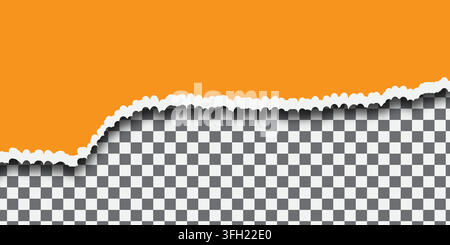 A piece of orange paper with a ragged, torn edge placed over a transparent checkered background, creating a realistic paper rip effect. Stock Vector