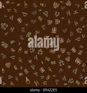 A seamless pattern featuring various travel and vacation-themed line art icons, including airplanes, suitcases, passports, hotels, and mountains on a d Stock Vector
