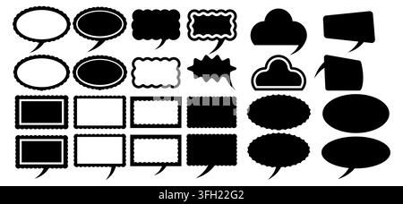 A collection of diverse speech bubbles and thought balloons featuring various geometric shapes, scalloped edges, and solid or outlined designs for gra Stock Vector