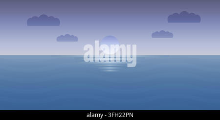 A flat vector landscape featuring a glowing sun setting over a calm sea with gentle waves and stylized clouds in a gradient blue sky. Stock Vector