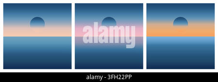 A set of three abstract digital illustrations featuring a circular sun setting over a horizon line with varying soft pastel and warm color gradients. Stock Vector