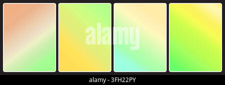 A collection of four vertical rectangular cards featuring smooth, blended pastel color gradients in shades of peach, yellow, green, and light blue. Stock Vector