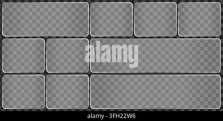 A collection of rectangular glass UI elements with soft rounded corners, featuring a semi-transparent frosted effect arranged on a dark grey grid patt Stock Vector