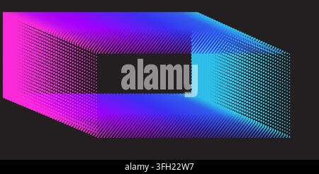 An abstract digital art piece featuring a 3D rectangular frame constructed from a dense gradient of pink to blue dots against a dark background. Stock Vector