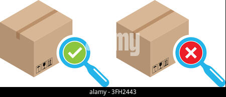 cardboard box quality control process with magnifying glass icons for product approval and rejection during inspection Stock Vector