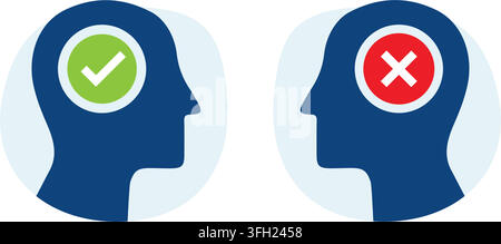 human head profile icons with check mark and cross symbols inside circle shapes representing decision options Stock Vector