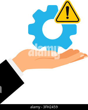 hand holding blue gear icon with yellow caution triangle symbol showing system maintenance error and security risk concept Stock Vector