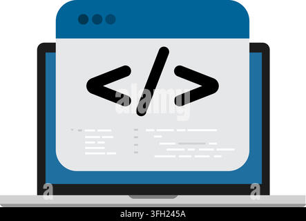 laptop displaying code symbol and browser window illustration for web design software programming and code learning icon Stock Vector