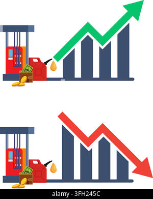 a chart showing fuel price changes over time with fuel pumps, money, and trend arrows for market growth and decline. Stock Vector