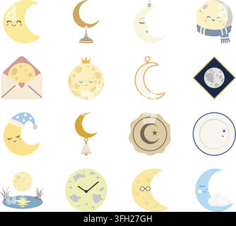 A soft flat illustration set featuring various moon themed designs. Stock Vector