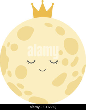 A round pale moon with crater details closed eyes and a small golden crown on top Stock Vector