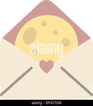An open envelope containing a moon themed letter with crater details and a small heart seal Stock Vector